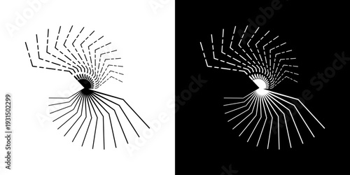 Dynamic abstract spiral sound wave rhythm lines. Circular spiral sound wave rhythm of lines. Circular futuristic abstract lines, black and white background.	