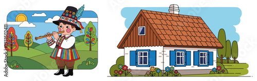 Traditional Polish village scenes featuring a boy in folk costume and a rural cottage