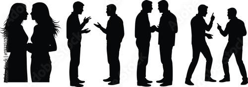 Silhouette of various people in pairs having conversations and intense arguments including couples talking and men pointing fingers in disagreement