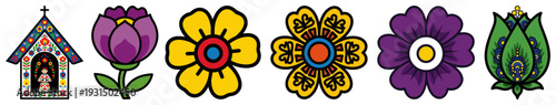 Colorful horizontal set of Polish folk art icons with flowers and a small roadside shrine