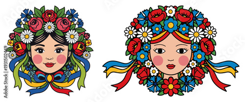 Beautiful Slavic girl portraits wearing traditional flower wreaths with colorful ribbons