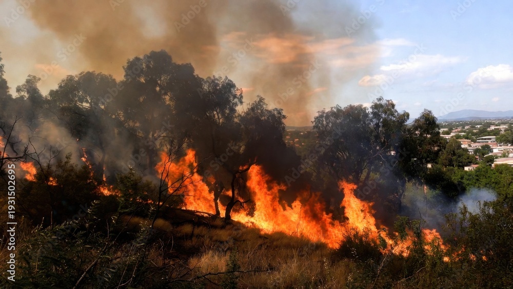 Fototapeta premium Trees burning along hillside spreading fire toward town.