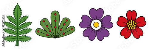 Set of four floral elements and leaves inspired by regional polish folk art