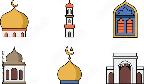 Minimalist Islamic architecture icon set with mosque domes, minaret, arch window and traditional building facades vector illustration