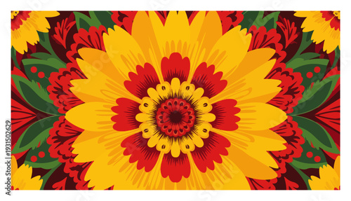 Vibrant sunflower pattern with traditional polish folk floral motifs and ornaments