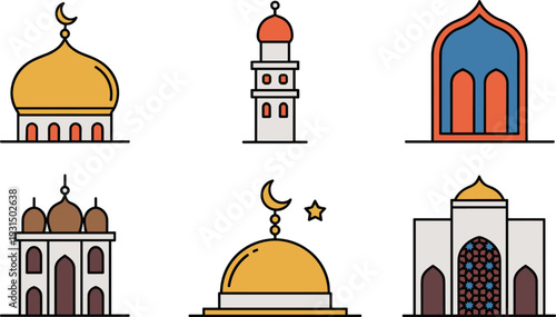 Minimalist Islamic architecture vector icon set with mosque domes, minaret tower, arch doorway and traditional building facades illustration