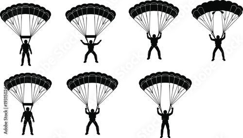 Skydiver Parachuting Silhouette Vector Set featuring Extreme Sports Athletes in Air Descent for Skydiving Club Paragliding Adventure and Aviation Design