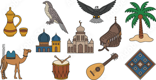 Middle Eastern traditional icons set, Arabian culture symbols including mosque camel coffee pot falcon and oud