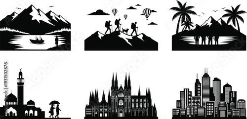 Travel and Landmark Silhouette Set featuring Mountain Landscapes Hiking Adventures Tropical Palm Beaches Islamic Mosques Gothic Cathedrals and Modern City Skylines