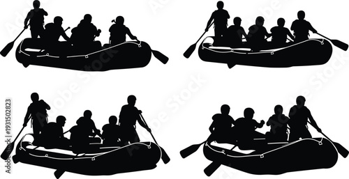 White Water Rafting Silhouette Vector Set featuring Teams of People Paddling Inflatable Boats for Extreme Outdoor Adventure and River Sports
