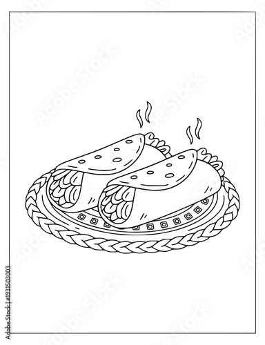 Title Burrito coloring page for kids displays two steaming wraps on a woven plate