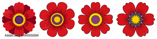 Four red decorative flowers with colorful centers in polish folk art style