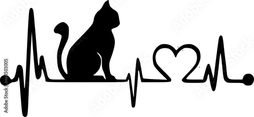 Adorable cat silhouette with heart rate line and heart symbol