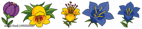 Collection of five colorful stylized botanical flowers in folk art style