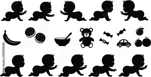 Set of cute baby silhouettes crawling with various nursery icons including banana, cookies, bowl, teddy bear, candy, car, and fruit.