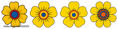 Row of four yellow decorative flowers with colorful centers in folk style