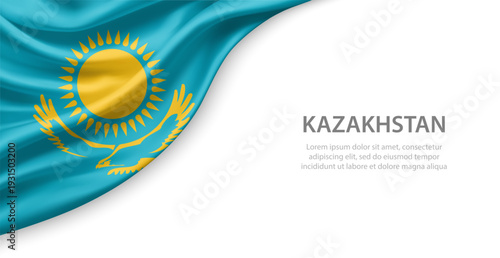 Kazakhstan Waving National Flag Template Background With Copy Space
