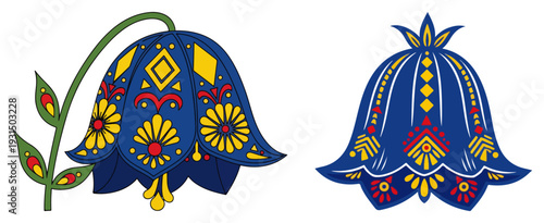 Traditional blue bell flowers with colorful folk embroidery patterns in polish lowicz style