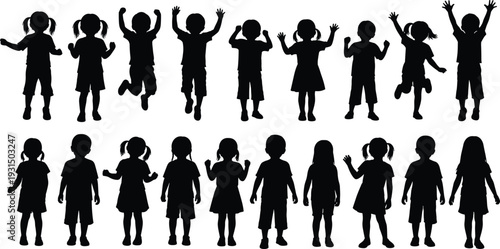 Set of happy children silhouettes including boys and girls jumping, playing, dancing, waving, and standing in various joyful poses, vector.