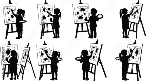 Black silhouette set of little girl artist painting on easel with brush and palette isolated on white background for creative art