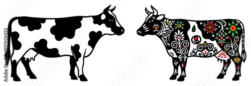 Domestic cow silhouettes decorated with traditional Polish folk art floral motifs