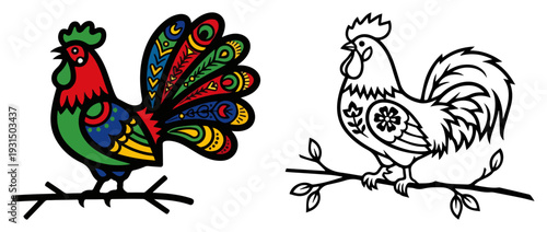 Colorful and black and white rooster illustrations with traditional Polish folk art patterns
