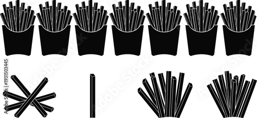 Black French Fries Silhouette Collection with Packaging Box Variations, Isolated Fast Food Vector Icons Set, Crispy Potato Sticks Illustration for Restaurant Branding Design