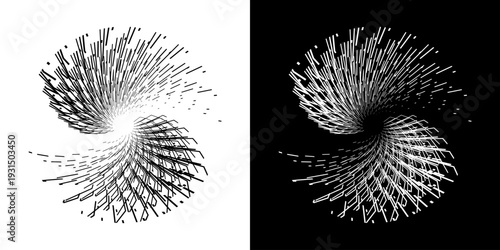 Dynamic abstract spiral sound wave rhythm lines. Circular spiral sound wave rhythm of lines. Circular futuristic abstract lines, black and white background.	