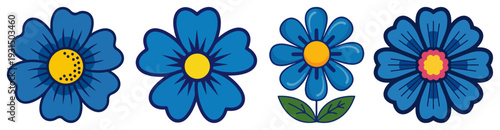 Collection of blue flower blossoms in various styles inspired by Slavic folk art