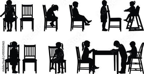 Black silhouette set of little kids sitting on chairs, eating at table, and using high chair isolated on white background