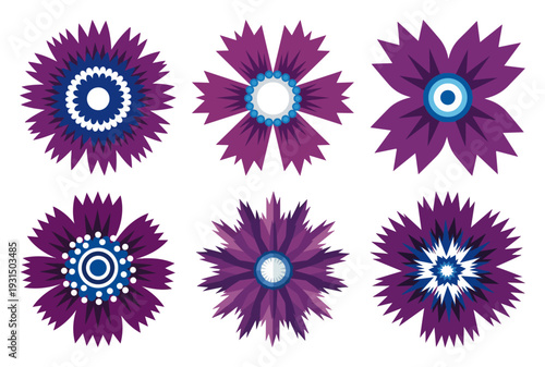 Six stylized purple cornflower star patterns in traditional polish folk art style