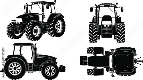 Agricultural tractor silhouette vector illustration set, farm machinery in side, front and top view isolated on background