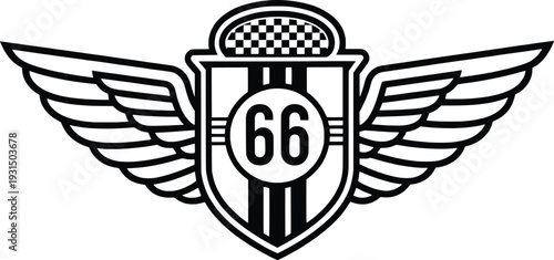 Vintage racing emblem with wings and number sixty-six on shield