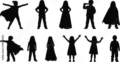 Black silhouette set of kids in superhero capes, princess dresses, and singing with microphone isolated on white background for creative play