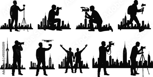 Black silhouette set of professional photographer, videographer with camera, drone pilot, and tripod on city skyline background for media production