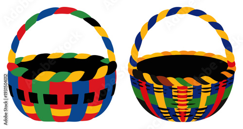 Two colorful woven baskets featuring vibrant rainbow patterns in traditional folk art style