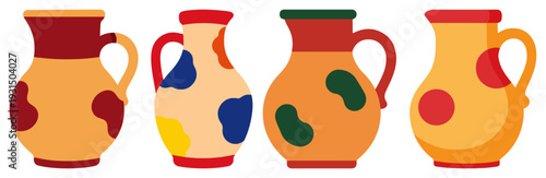 Collection of four stylized ceramic pitchers with colorful spots inspired by traditional pottery