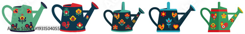 Set of five watering cans decorated with traditional polish folk motifs and floral patterns