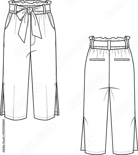 Technical fashion sketch of women high waist wide leg cropped pants with paper bag waist and bow belt isolated on white