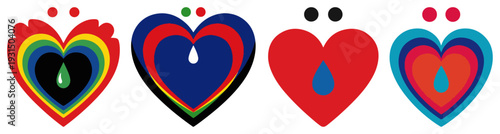 Four colorful heart motifs with decorative details in regional polish folk art style