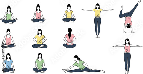 Women practicing yoga poses vector illustration set, female characters performing stretching and meditation exercises isolated on background