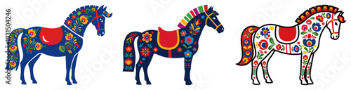 Stylized horses decorated with colorful floral folk art patterns in traditional regional style