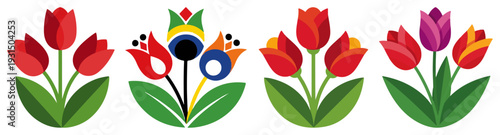 Traditional tulip flowers and ornamental blossoms in colorful regional folk art style