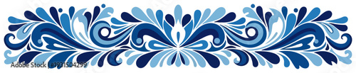 Blue floral horizontal ornament with decorative swirls in traditional Polish folk art style
