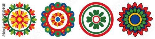 Four colorful circular folk mandalas with traditional polish lowicz floral embroidery patterns