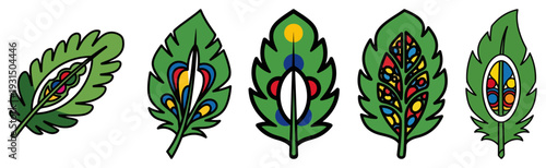Set of five green leaves with decorative polish folk embroidery ornaments and motifs