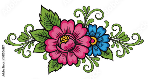 Intricate floral composition with pink and blue flowers in polish regional folk style