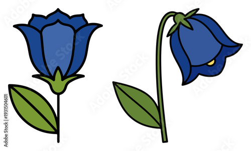 Pair of stylized blue bell flowers with green leaves in a clean folk design