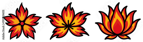 Fire colored flower motifs and fiery leaves in vibrant traditional folk art style