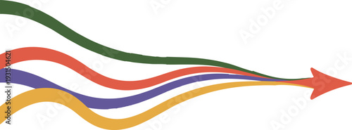 Colorful wavy lines converging into a red arrow